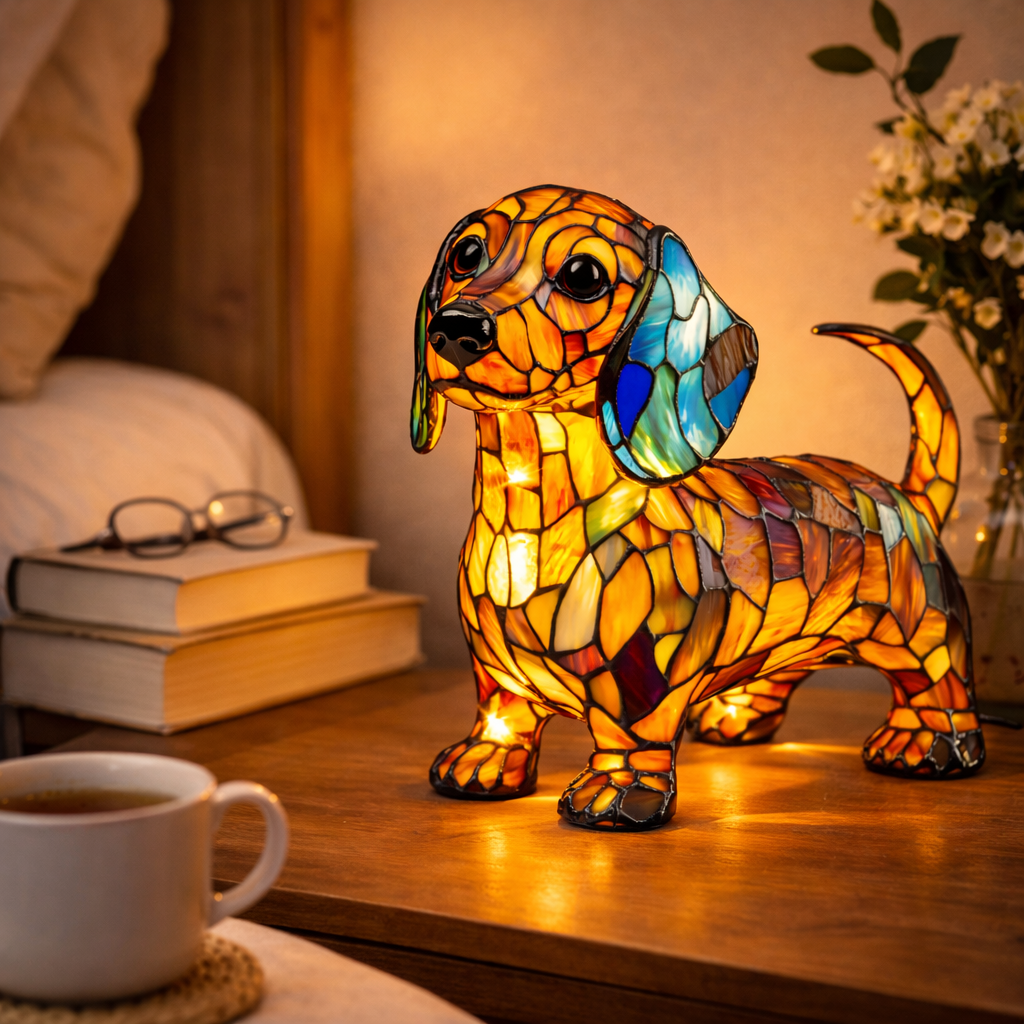 Colorful Dog Table Lamp Stained Glass LED