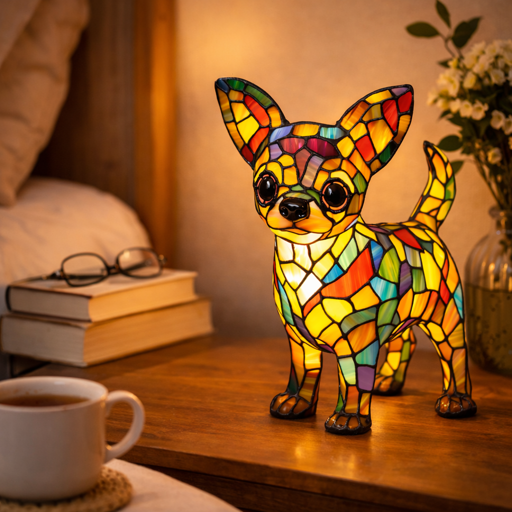 Colorful Dog Table Lamp Stained Glass LED