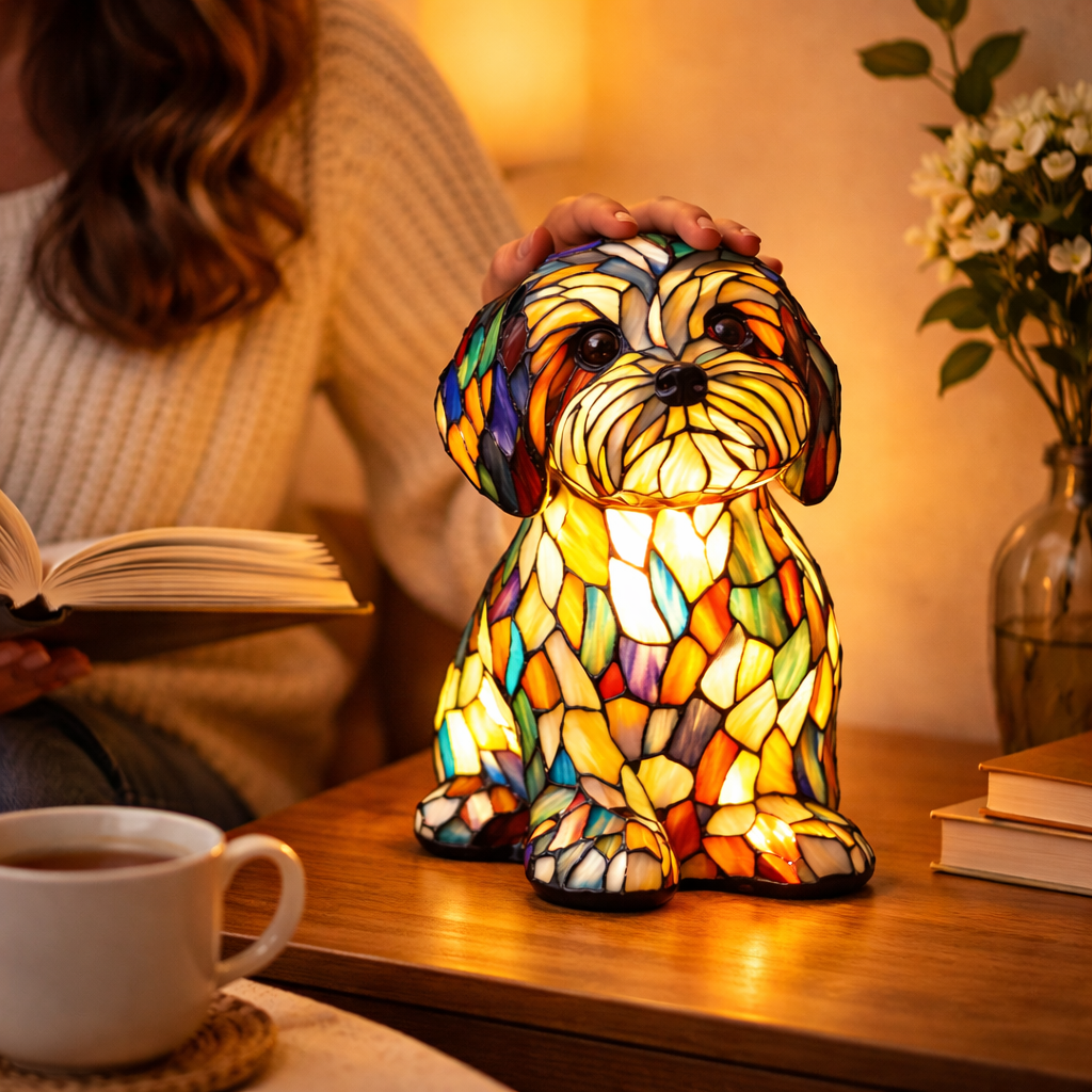 Colorful Dog Table Lamp Stained Glass LED