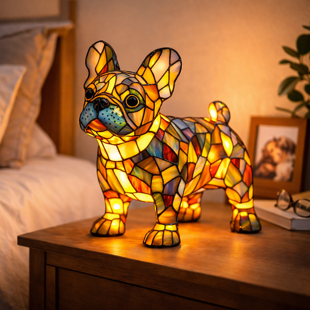Colorful Dog Table Lamp Stained Glass LED