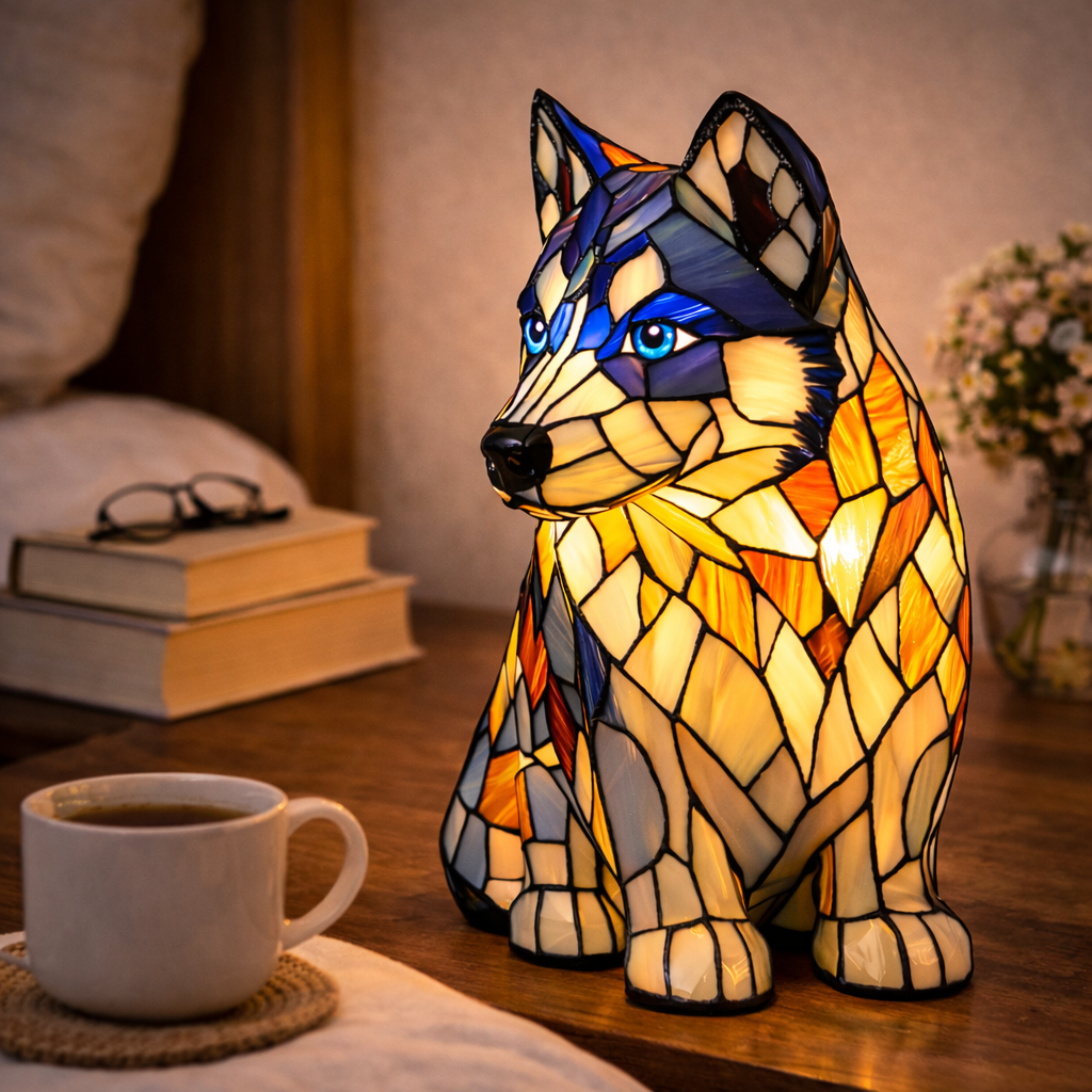 Colorful Dog Table Lamp Stained Glass LED
