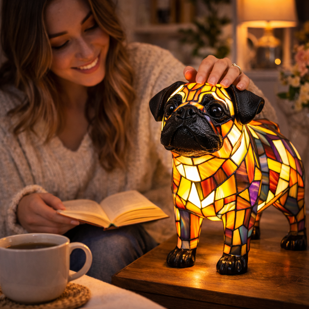 Colorful Dog Table Lamp Stained Glass LED