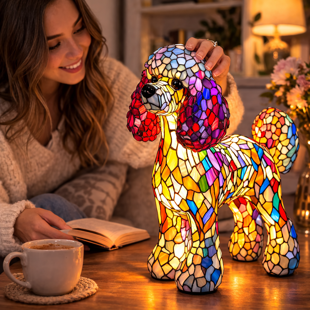 Colorful Dog Table Lamp Stained Glass LED