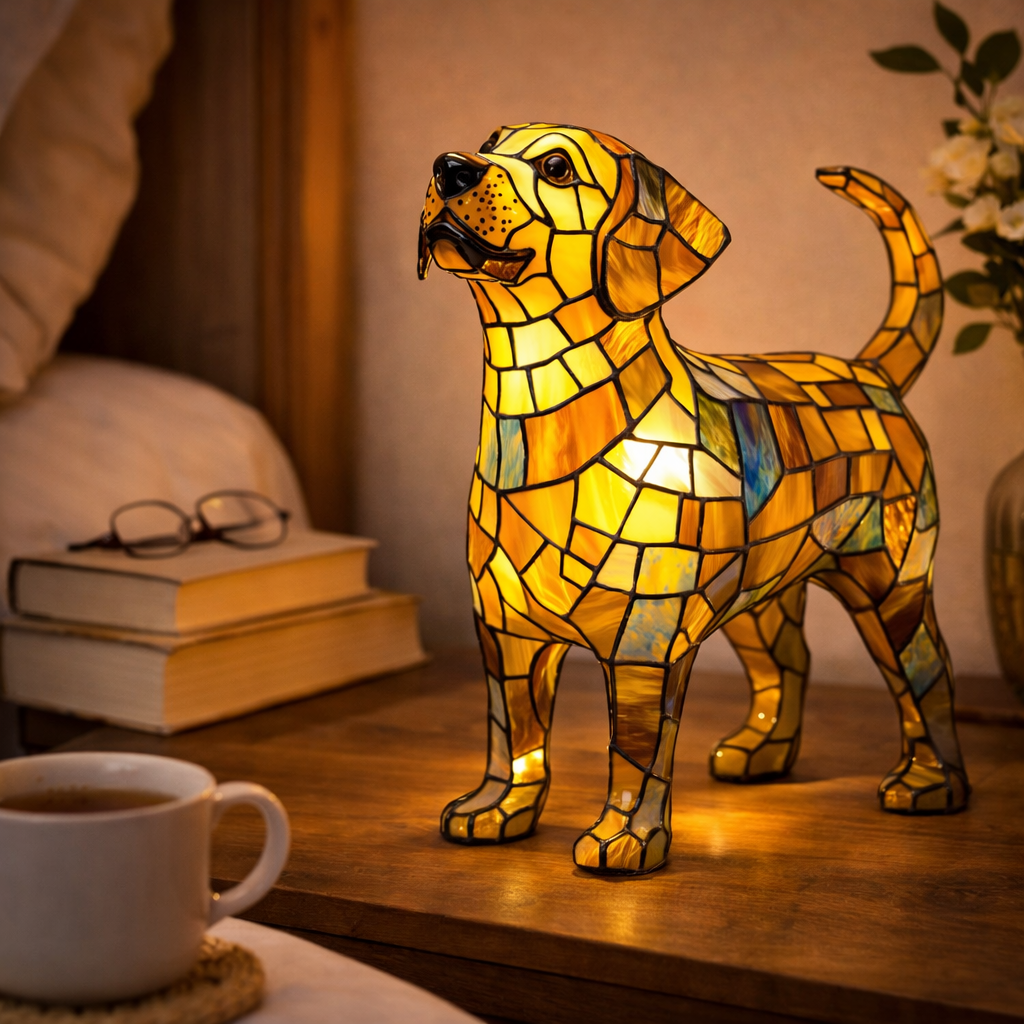 Colorful Dog Table Lamp Stained Glass LED