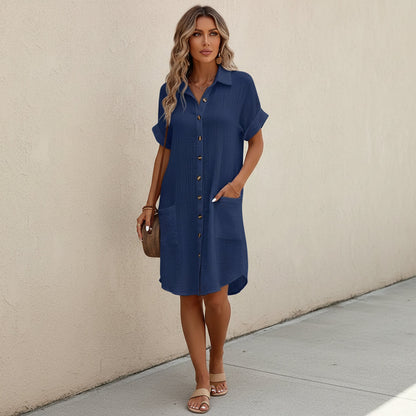 Women's Midi Shirt Dress Casual Short Sleeve