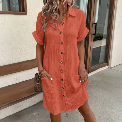 Women's Midi Shirt Dress Casual Short Sleeve